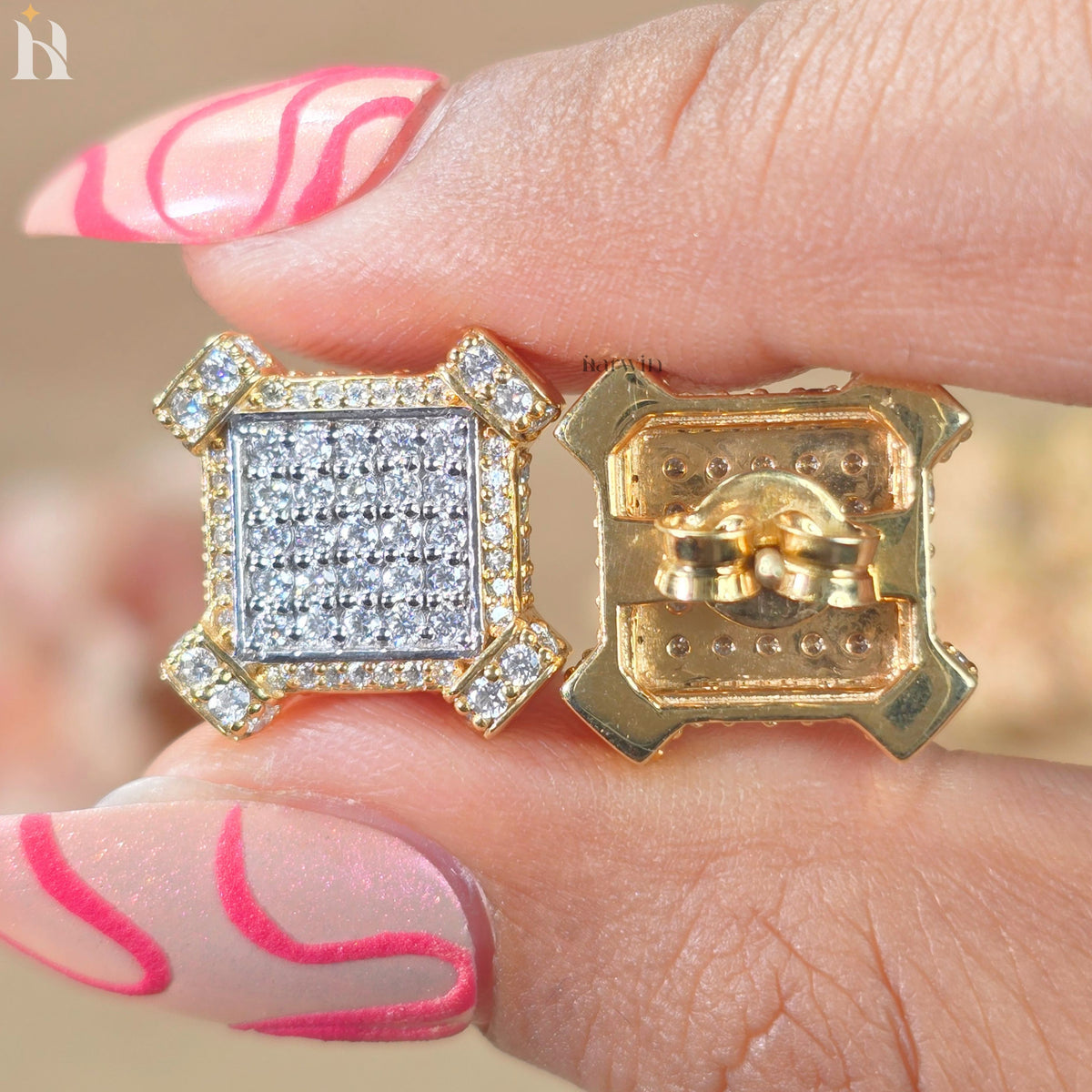 Round Cut Diamond Cluster Stud, Pave Square Moissanite Studs, Gold Geometric Earrings
