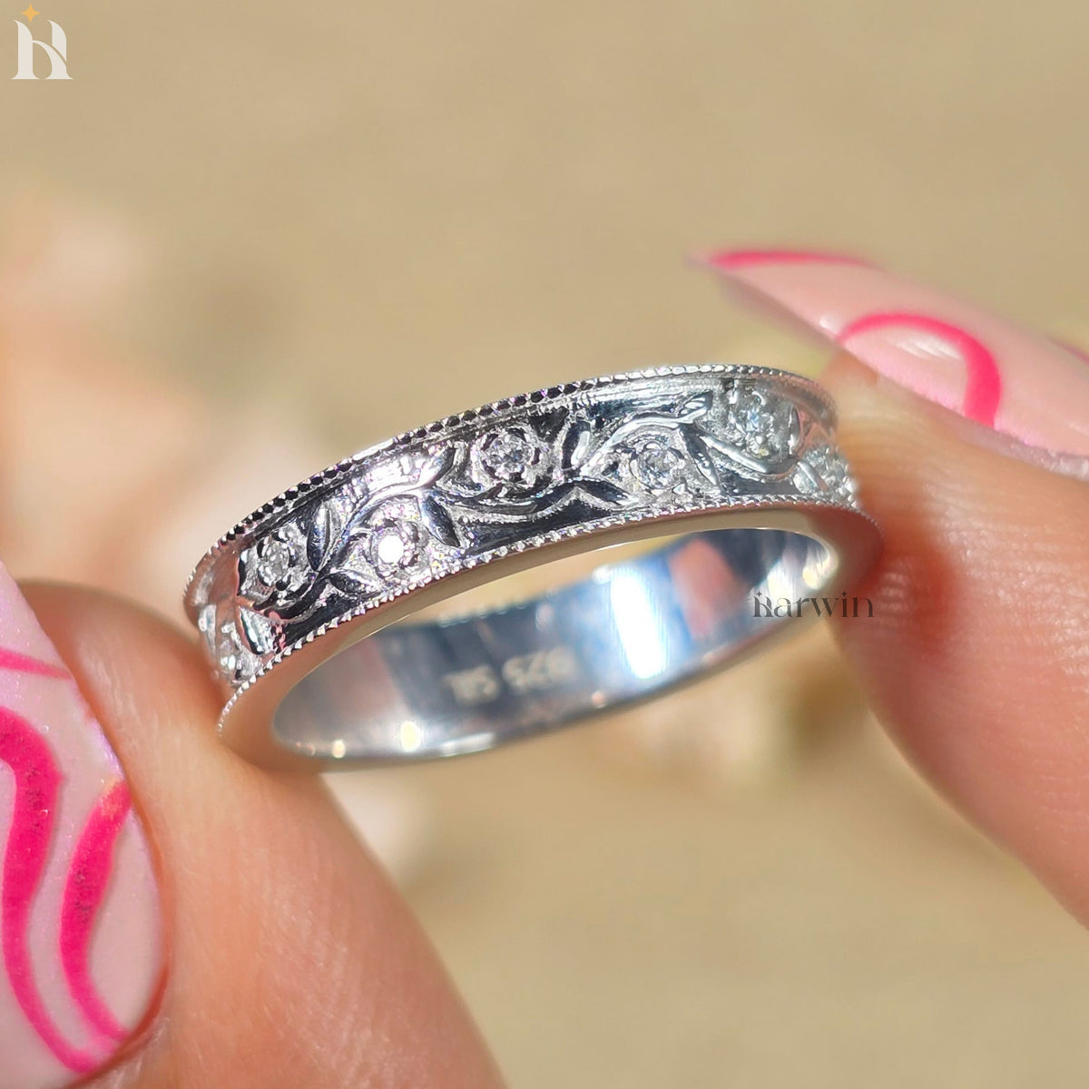 Round  Diamond Flush Milgrain Wedding Band, 4.80MM Wide Vintage Look Wedding Ring