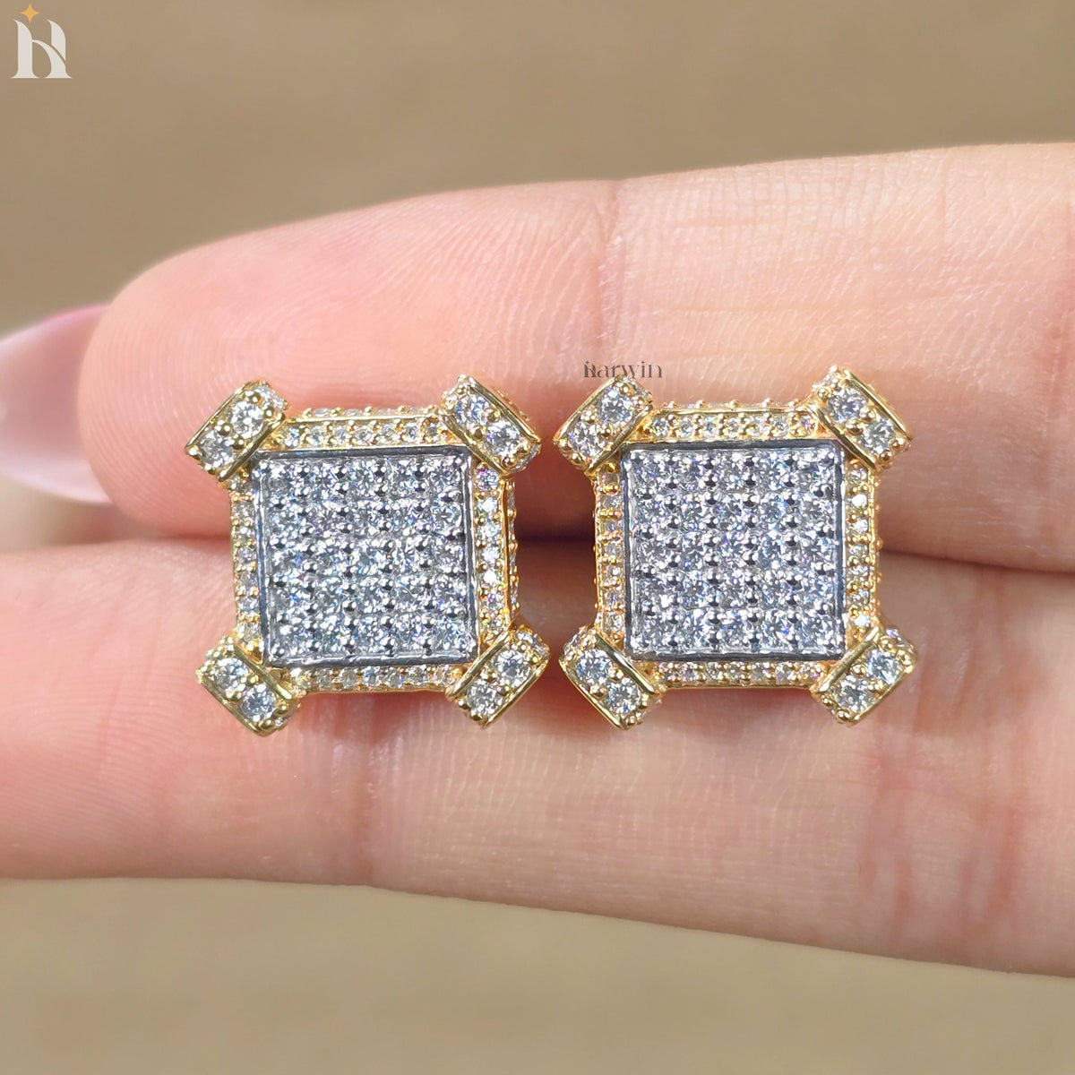 Round Cut Diamond Cluster Stud, Pave Square Moissanite Studs, Gold Geometric Earrings