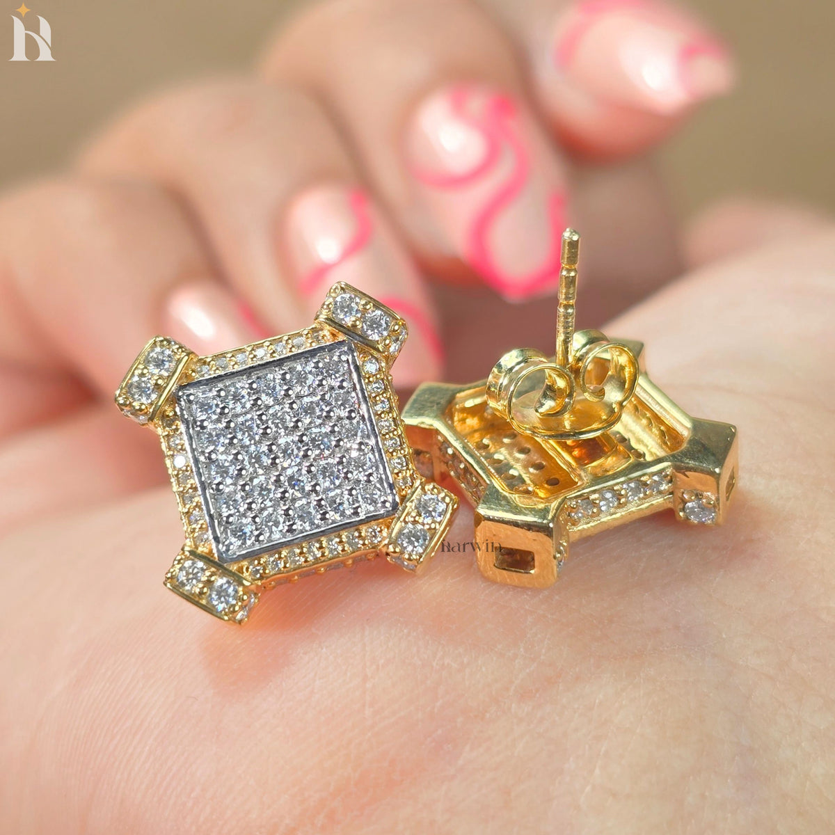 Round Cut Diamond Cluster Stud, Pave Square Moissanite Studs, Gold Geometric Earrings