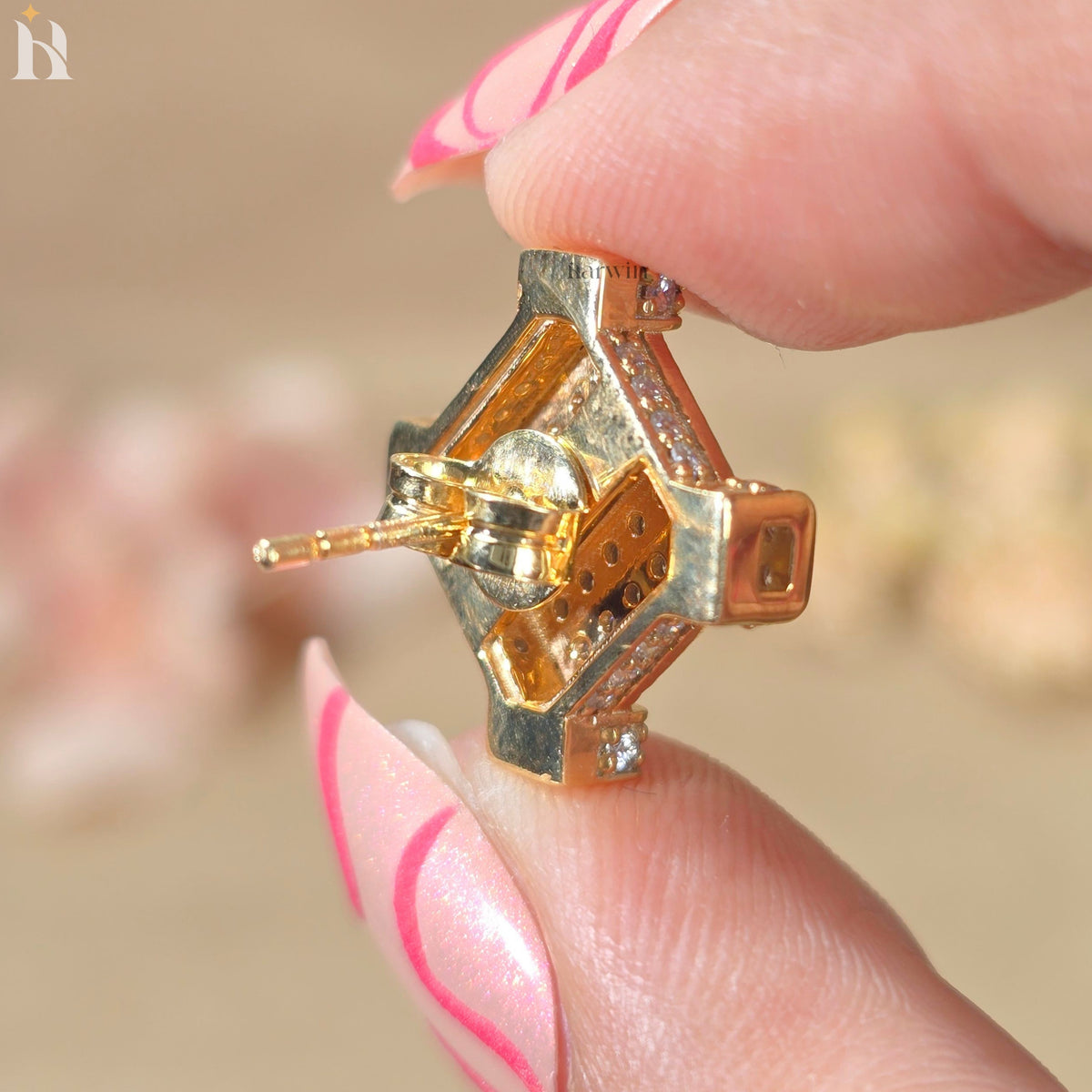 Round Cut Diamond Cluster Stud, Pave Square Moissanite Studs, Gold Geometric Earrings