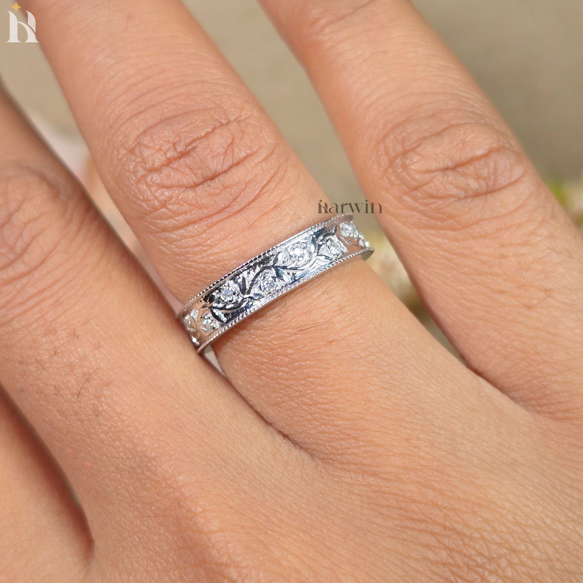 Round  Diamond Flush Milgrain Wedding Band, 4.80MM Wide Vintage Look Wedding Ring