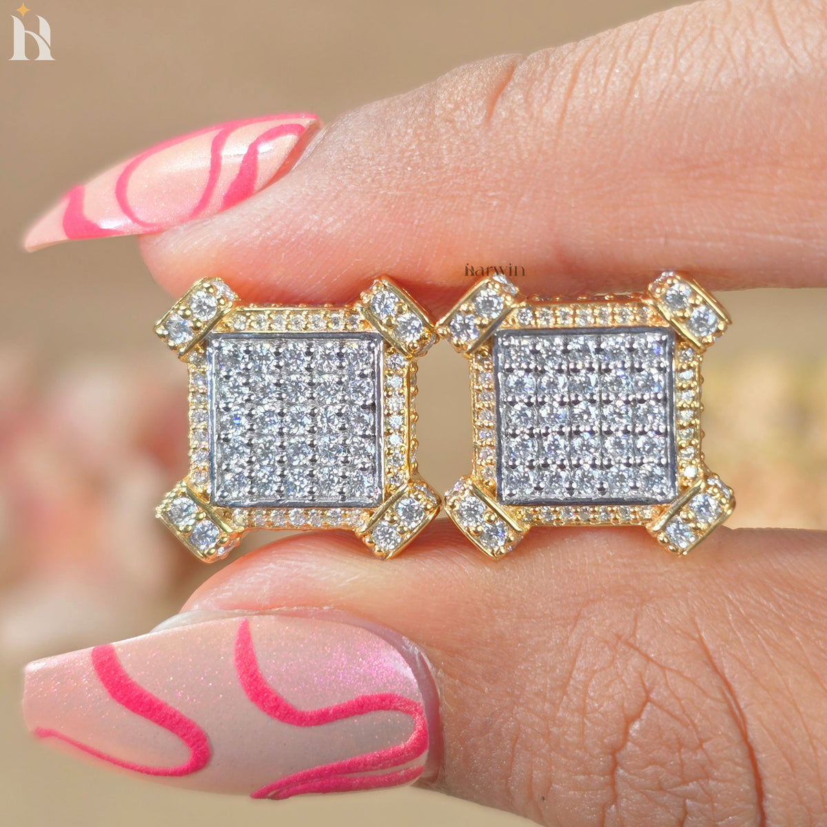 Round Cut Diamond Cluster Stud, Pave Square Moissanite Studs, Gold Geometric Earrings