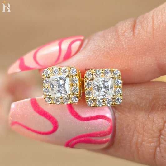 Princess Cut Moissanite Halo Stud Earrings, Square Diamond Gold Earrings