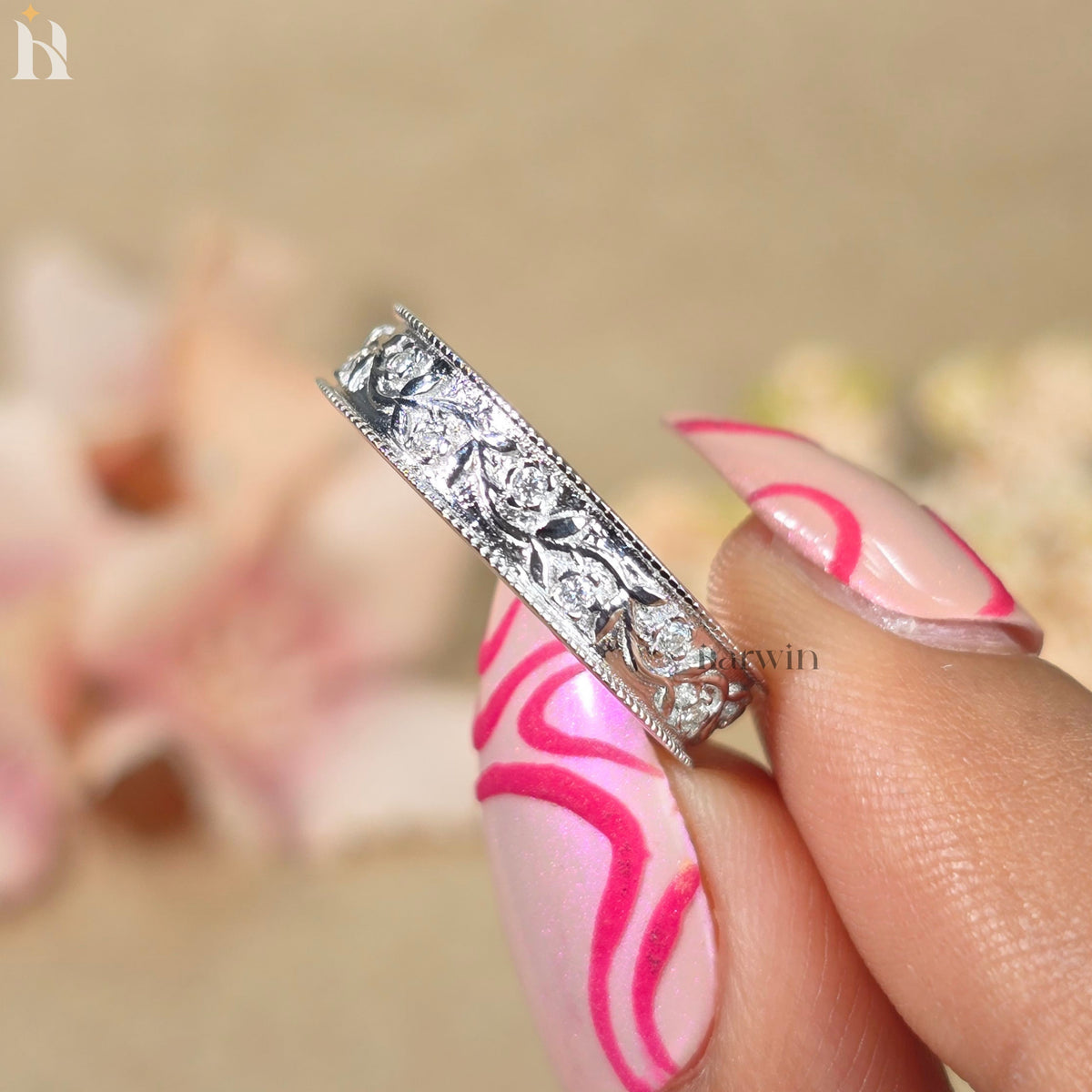 Round  Diamond Flush Milgrain Wedding Band, 4.80MM Wide Vintage Look Wedding Ring