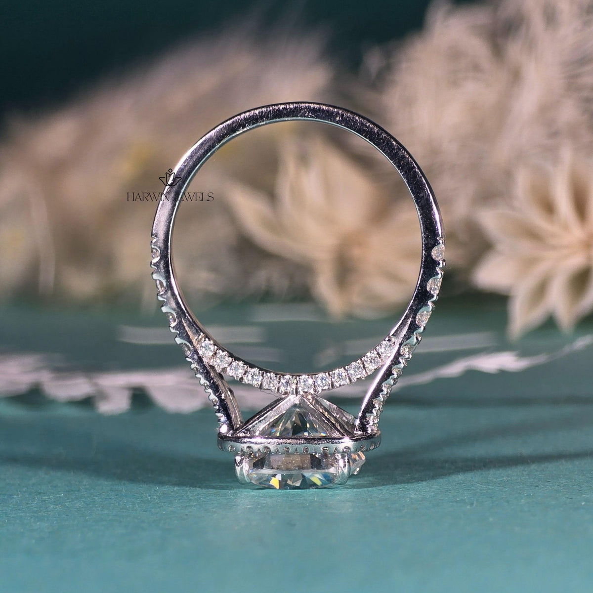3CT Unique Halo Cushion Cut Moissanite Ring, Split Shank Engagement Ring