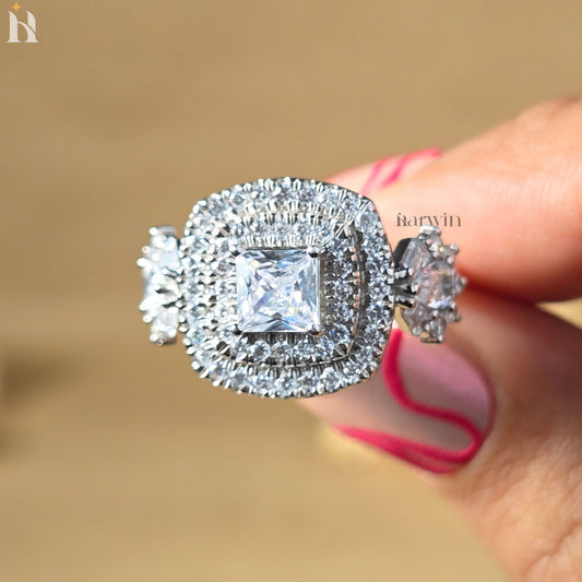 Princess Cut Moissanite Cocktail Double halo Engagement Ring, Pear & Baguette Side Diamond Ring