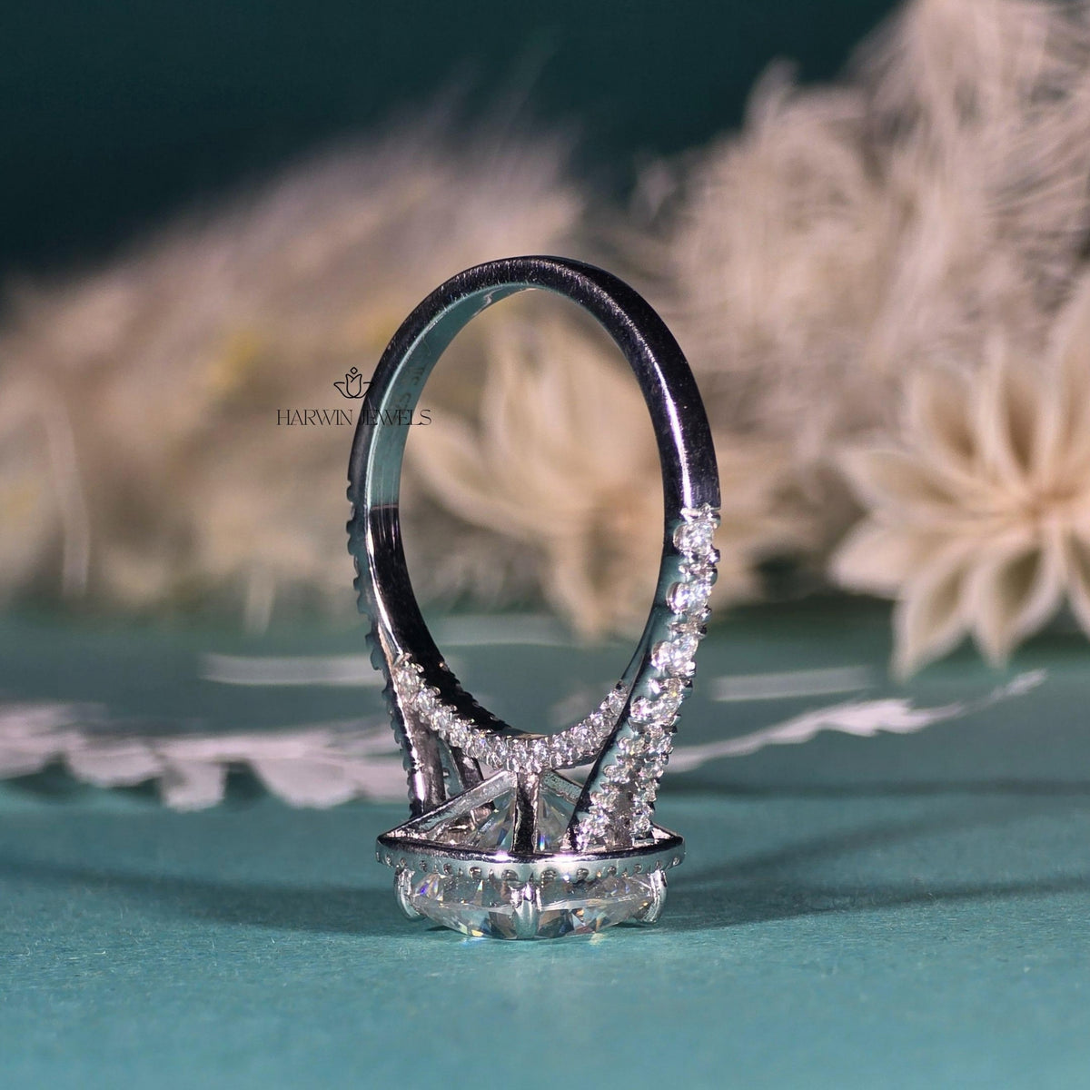 3CT Unique Halo Cushion Cut Moissanite Ring, Split Shank Engagement Ring