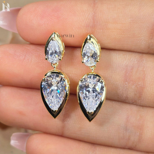 Pear Cut Moissanite Bezel Set Earrings, Solid Gold Drop Dangle Wedding Earrings