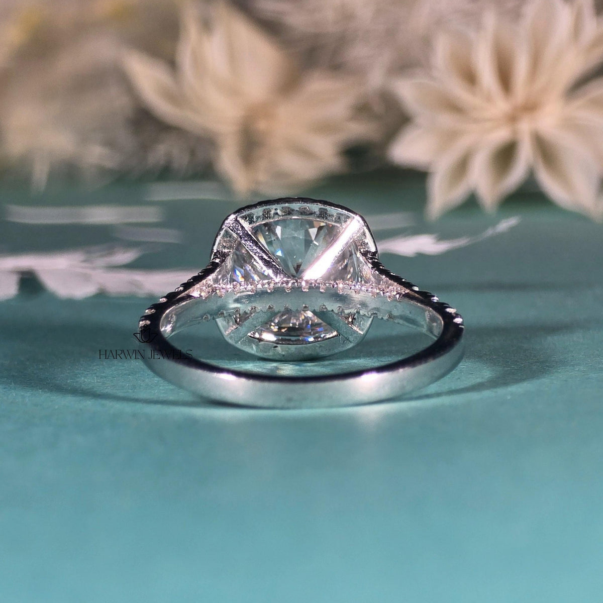 3CT Unique Halo Cushion Cut Moissanite Ring, Split Shank Engagement Ring