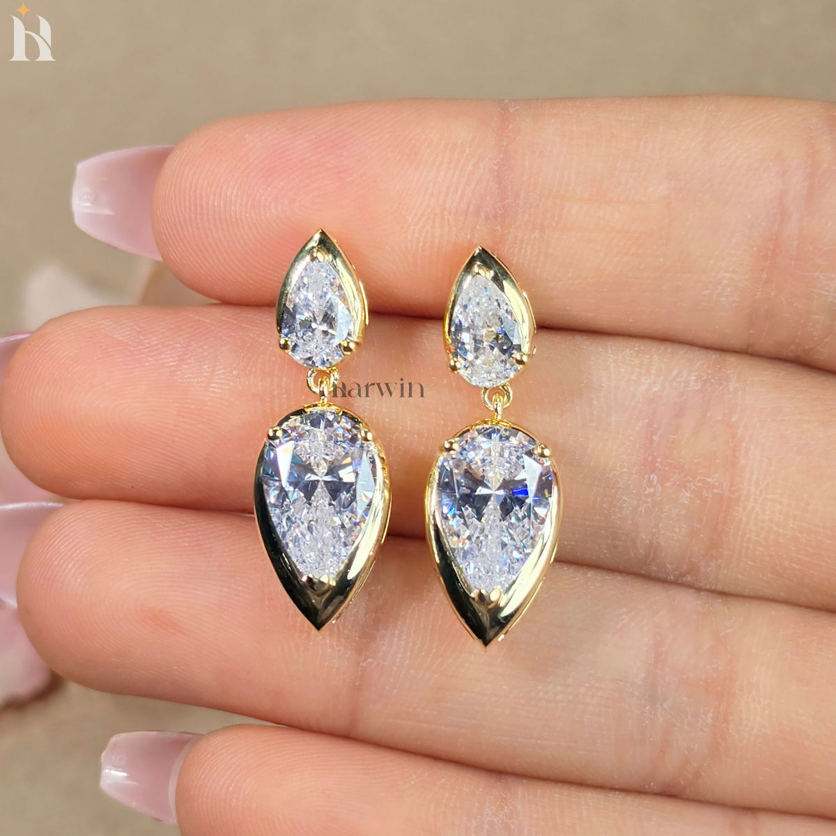 Pear Cut Moissanite Bezel Set Earrings, Solid Gold Drop Dangle Wedding Earrings