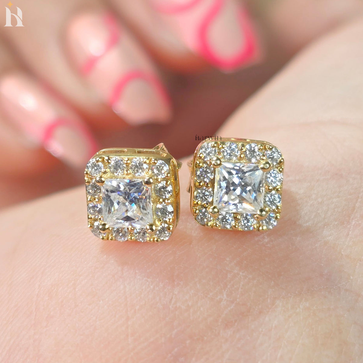 Princess Cut Moissanite Halo Stud Earrings, Square Diamond Gold Earrings