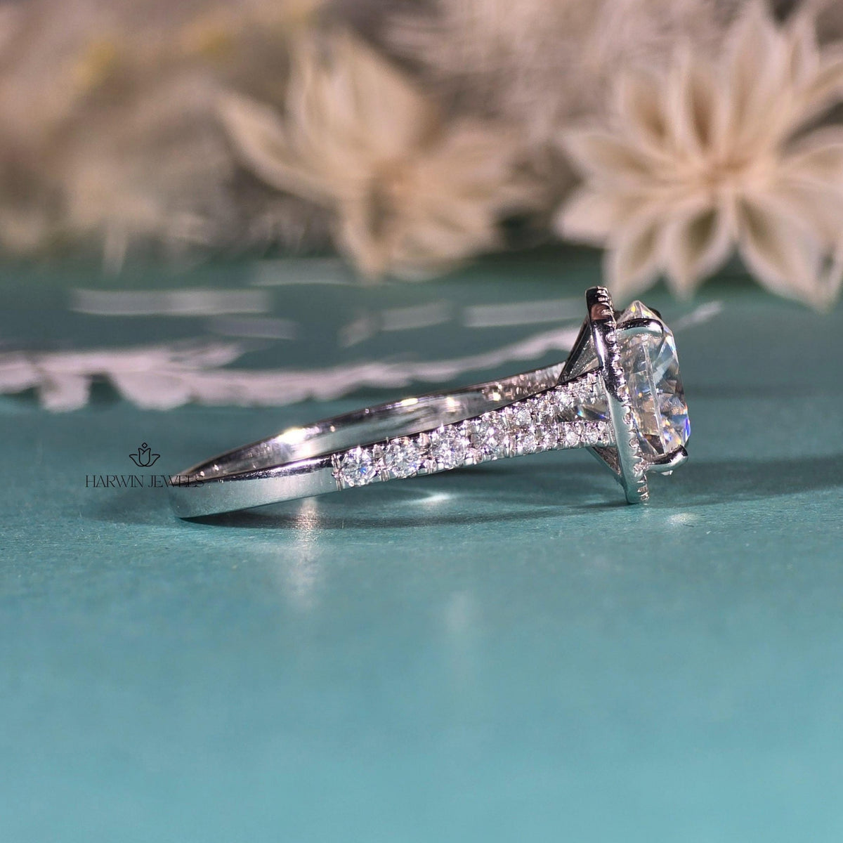 3CT Unique Halo Cushion Cut Moissanite Ring, Split Shank Engagement Ring