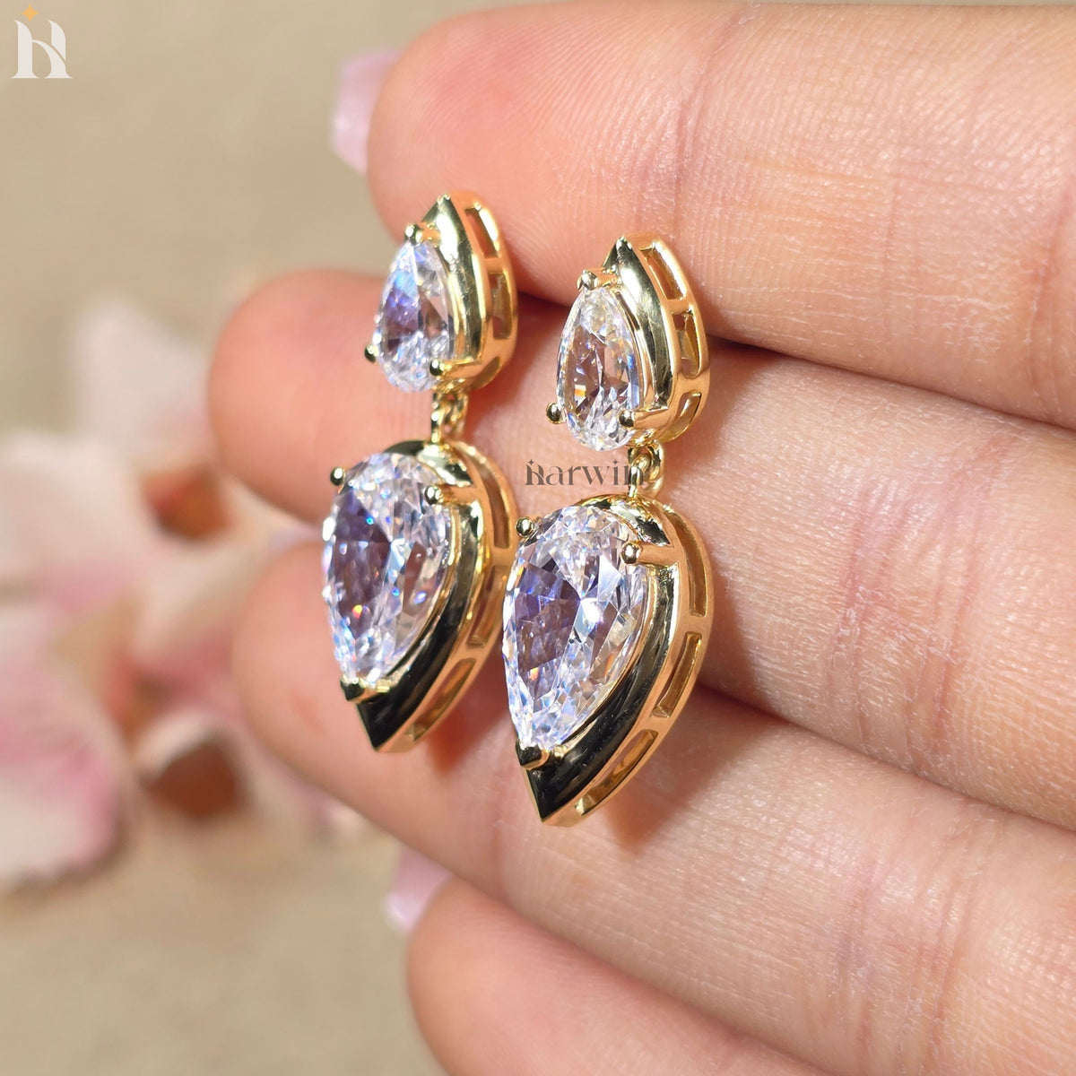 Pear Cut Moissanite Bezel Set Earrings, Solid Gold Drop Dangle Wedding Earrings