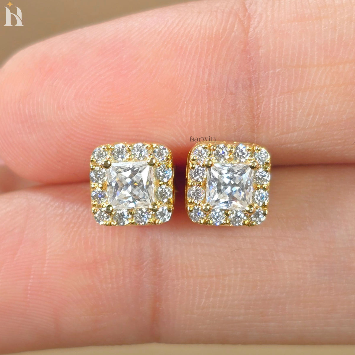 Princess Cut Moissanite Halo Stud Earrings, Square Diamond Gold Earrings