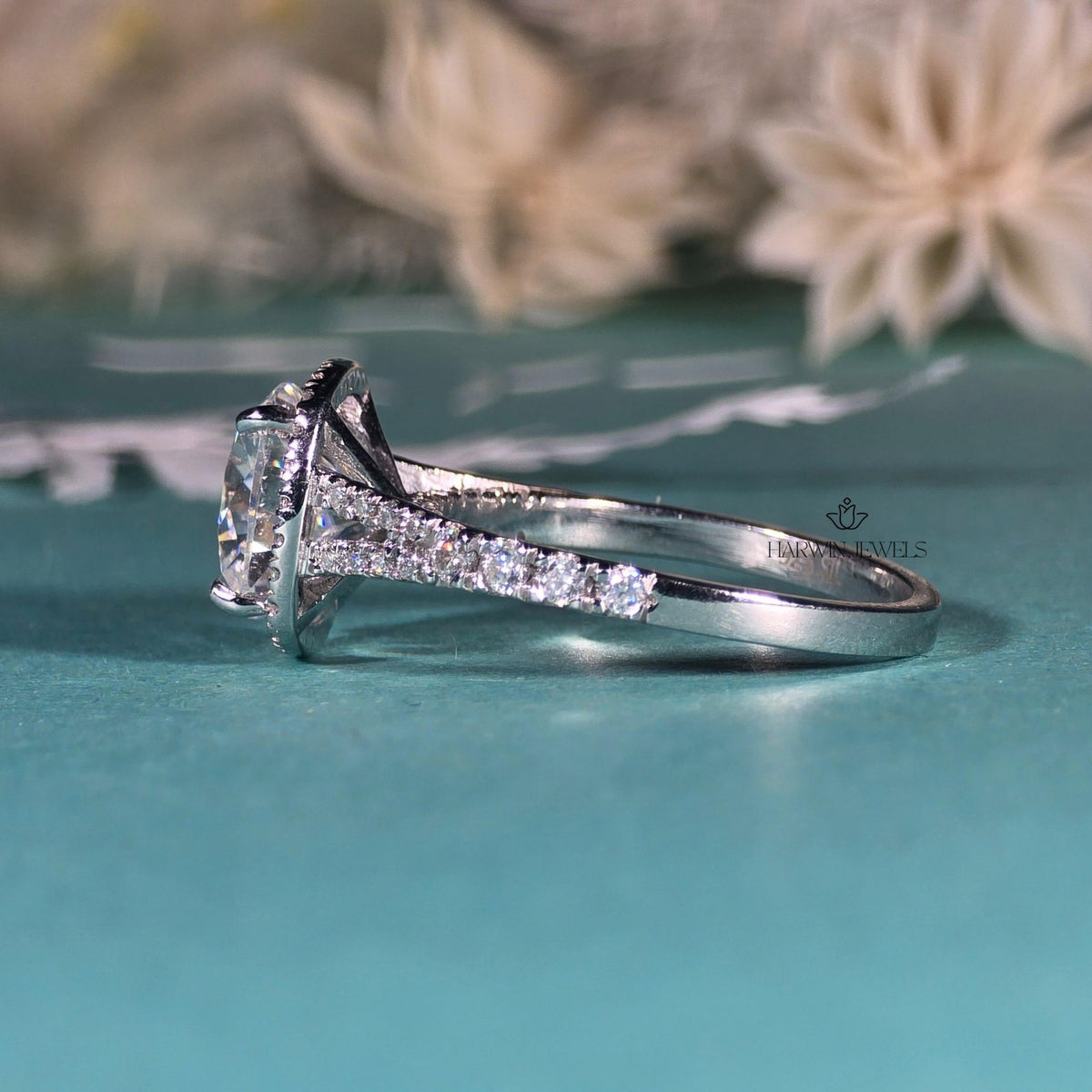 3CT Unique Halo Cushion Cut Moissanite Ring, Split Shank Engagement Ring
