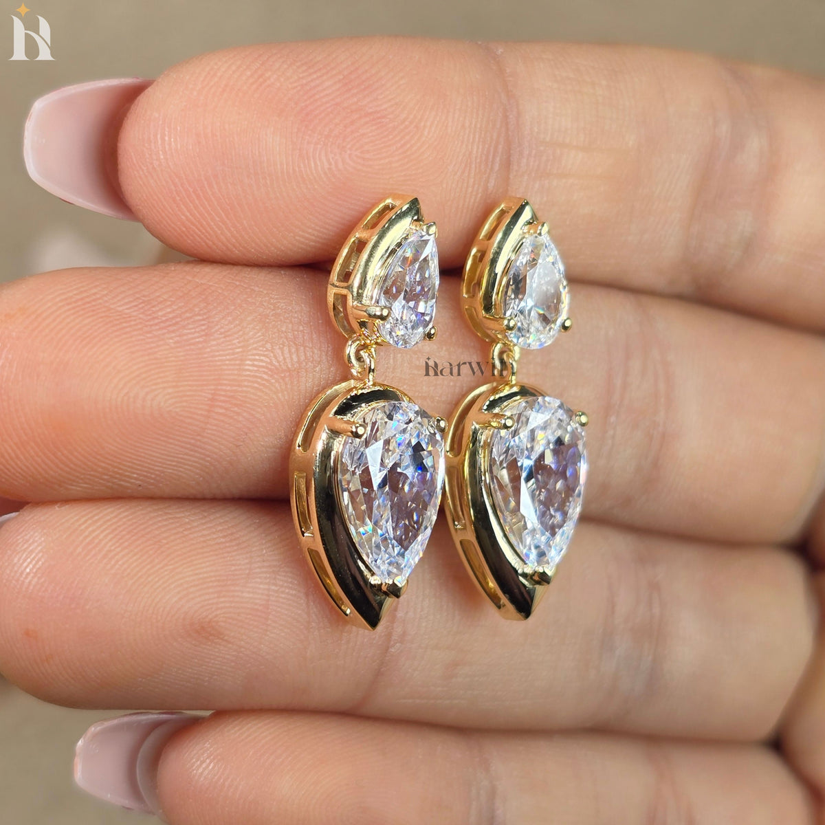 Pear Cut Moissanite Bezel Set Earrings, Solid Gold Drop Dangle Wedding Earrings