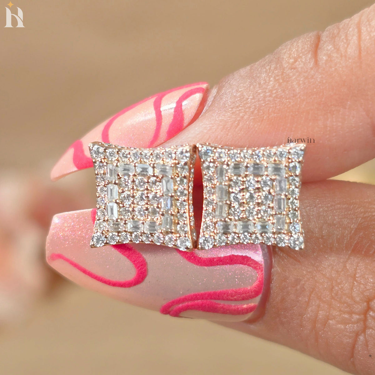 Baguette & Round Cut Diamond Earrings, Rectangular Pave Moissanite Studs, Gold Statement Stud Earrings