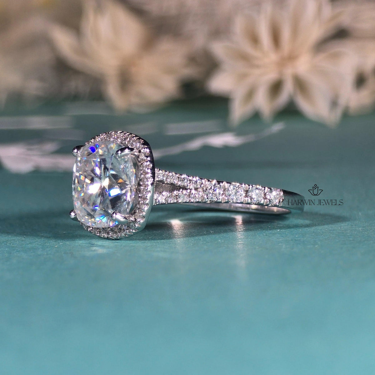 3CT Unique Halo Cushion Cut Moissanite Ring, Split Shank Engagement Ring