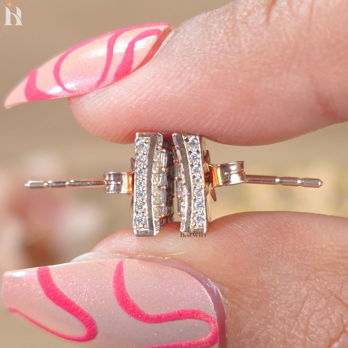Baguette & Round Cut Diamond Earrings, Rectangular Pave Moissanite Studs, Gold Statement Stud Earrings