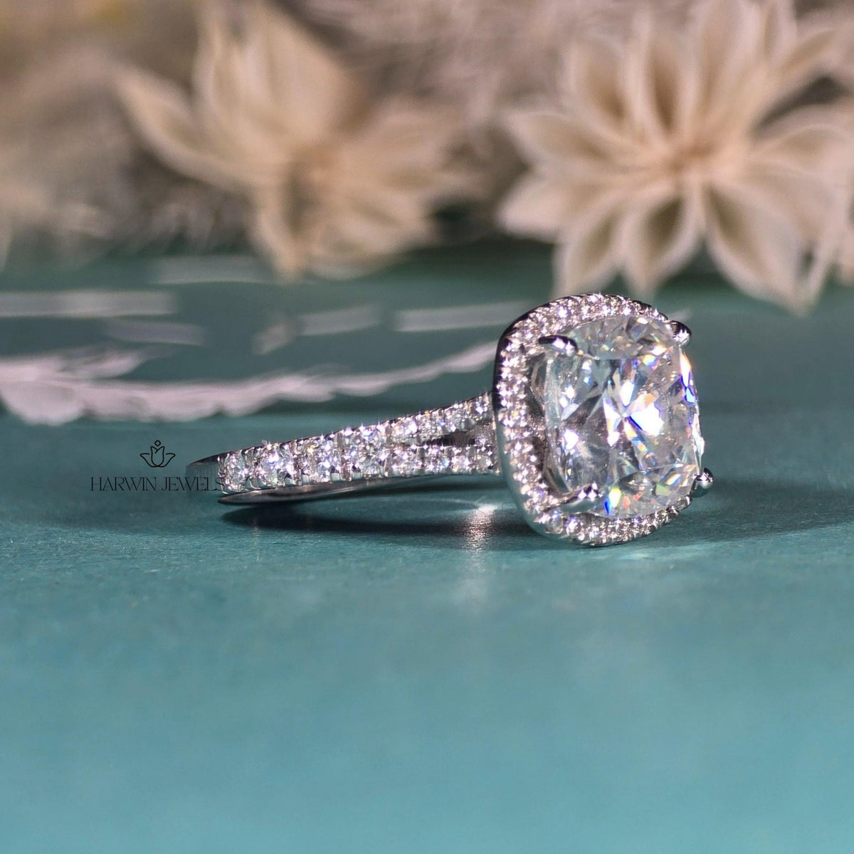 3CT Unique Halo Cushion Cut Moissanite Ring, Split Shank Engagement Ring