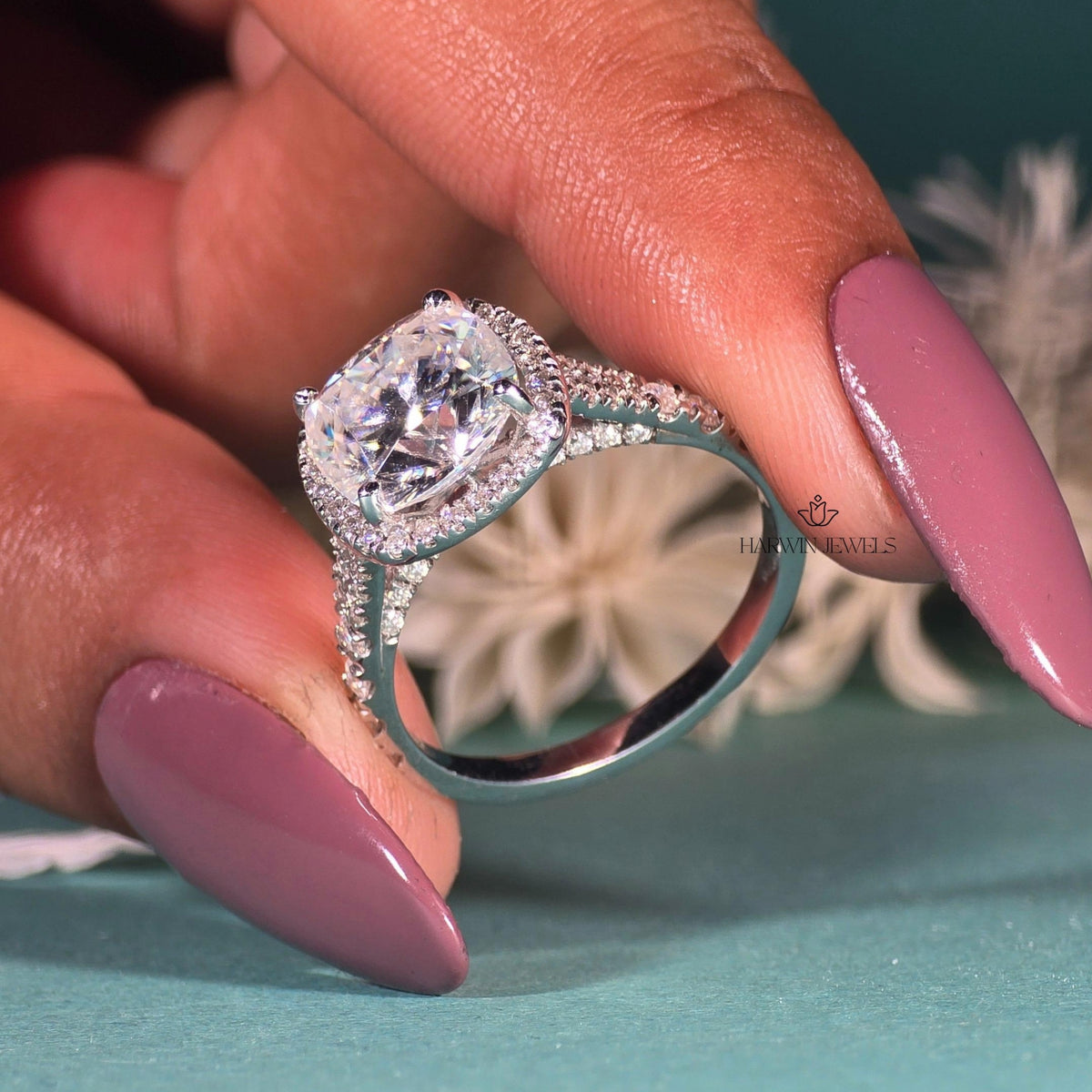 3CT Unique Halo Cushion Cut Moissanite Ring, Split Shank Engagement Ring