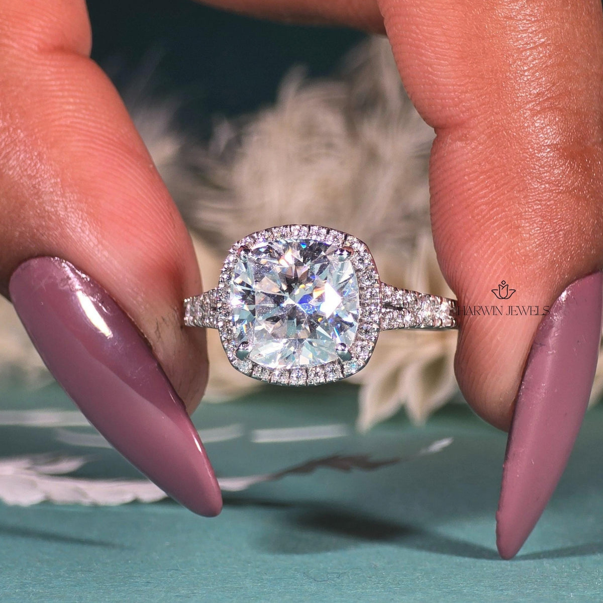 3CT Unique Halo Cushion Cut Moissanite Ring, Split Shank Engagement Ring