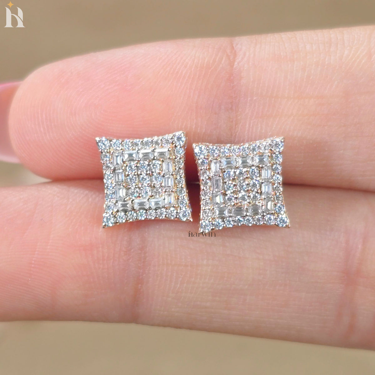 Baguette & Round Cut Diamond Earrings, Rectangular Pave Moissanite Studs, Gold Statement Stud Earrings