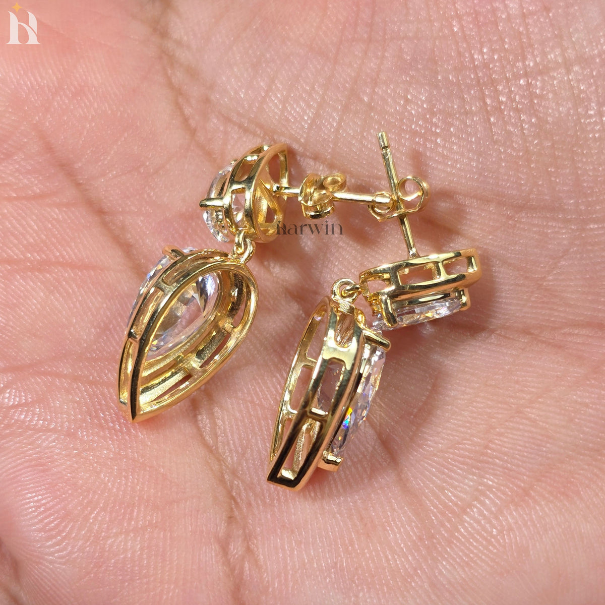 Pear Cut Moissanite Bezel Set Earrings, Solid Gold Drop Dangle Wedding Earrings