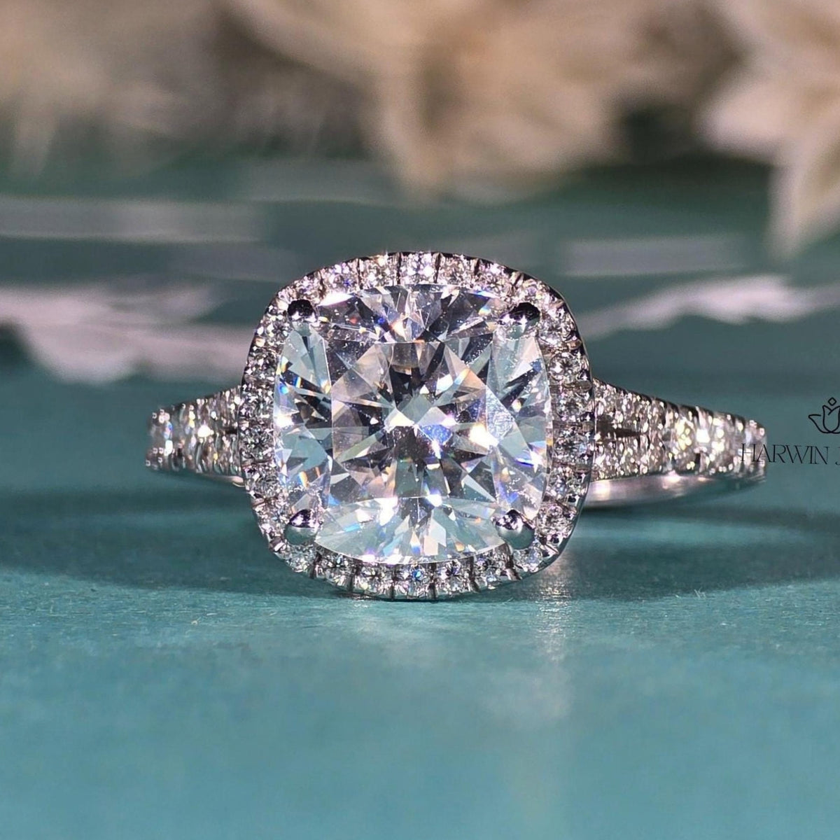 3CT Unique Halo Cushion Cut Moissanite Ring, Split Shank Engagement Ring