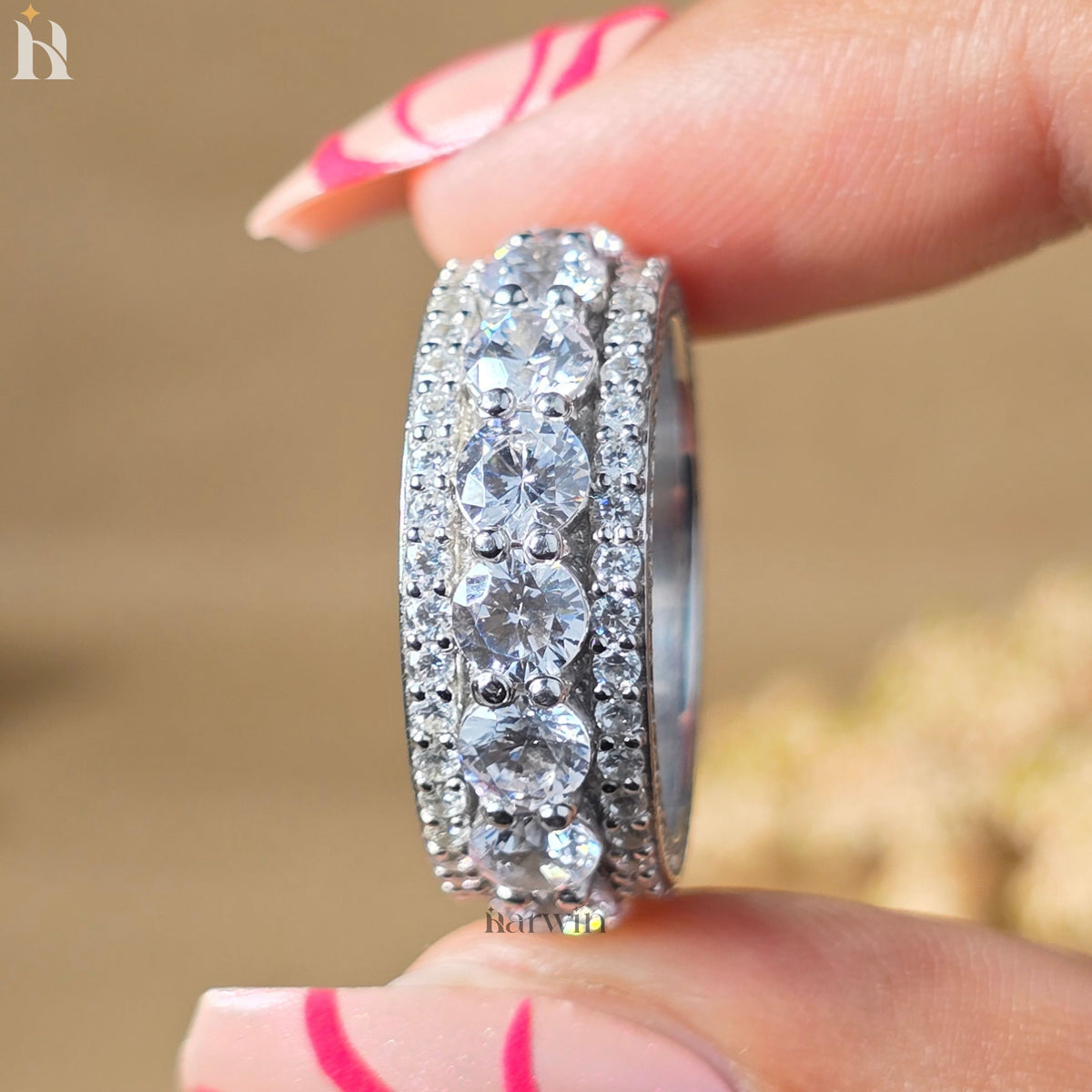 Round Cut Pave Eternity Band, Triple Row Diamond Ring, 4MM Moissanite Wedding Band