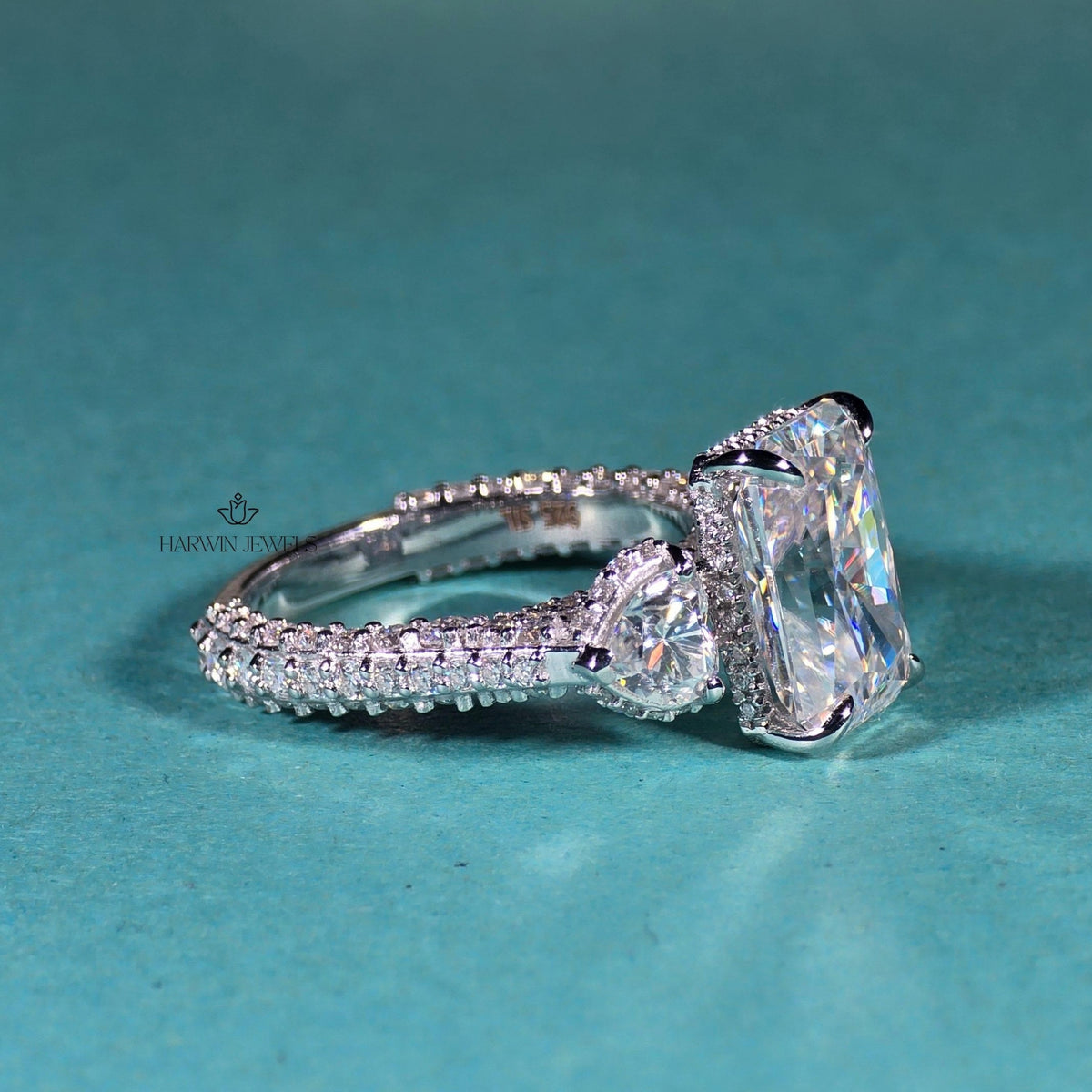 4.50 CT Radiant Cut Side Stone Heart Moissanite Three Stone Ring, Pave Setting Band