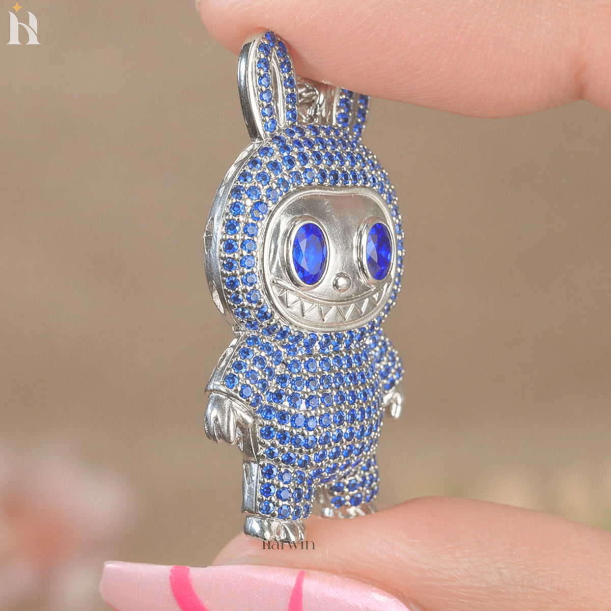 Iced Out Teddy Bear Pendant | Blue CZ Sterling Silver Necklace