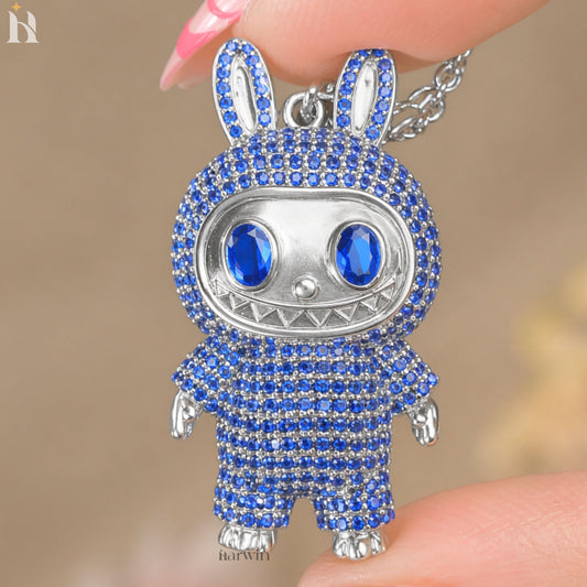 Iced Out Teddy Bear Pendant | Blue CZ Sterling Silver Necklace