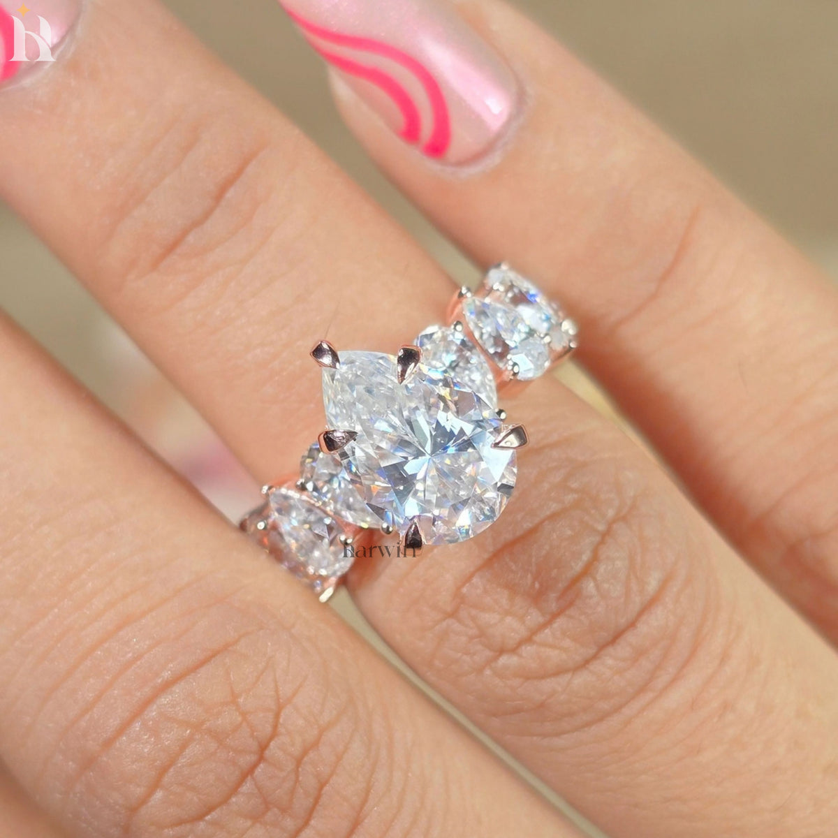 3CT Pear Cut Moissanite Engagement Ring 4x6 MM Side Stone Band, Unique Bridal Ring