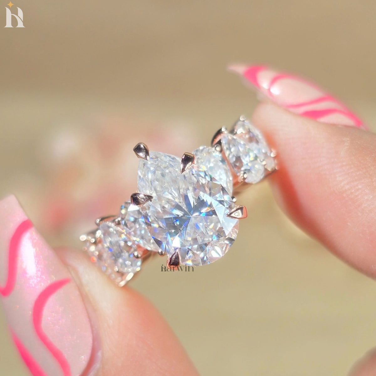 3CT Pear Cut Moissanite Engagement Ring 4x6 MM Side Stone Band, Unique Bridal Ring