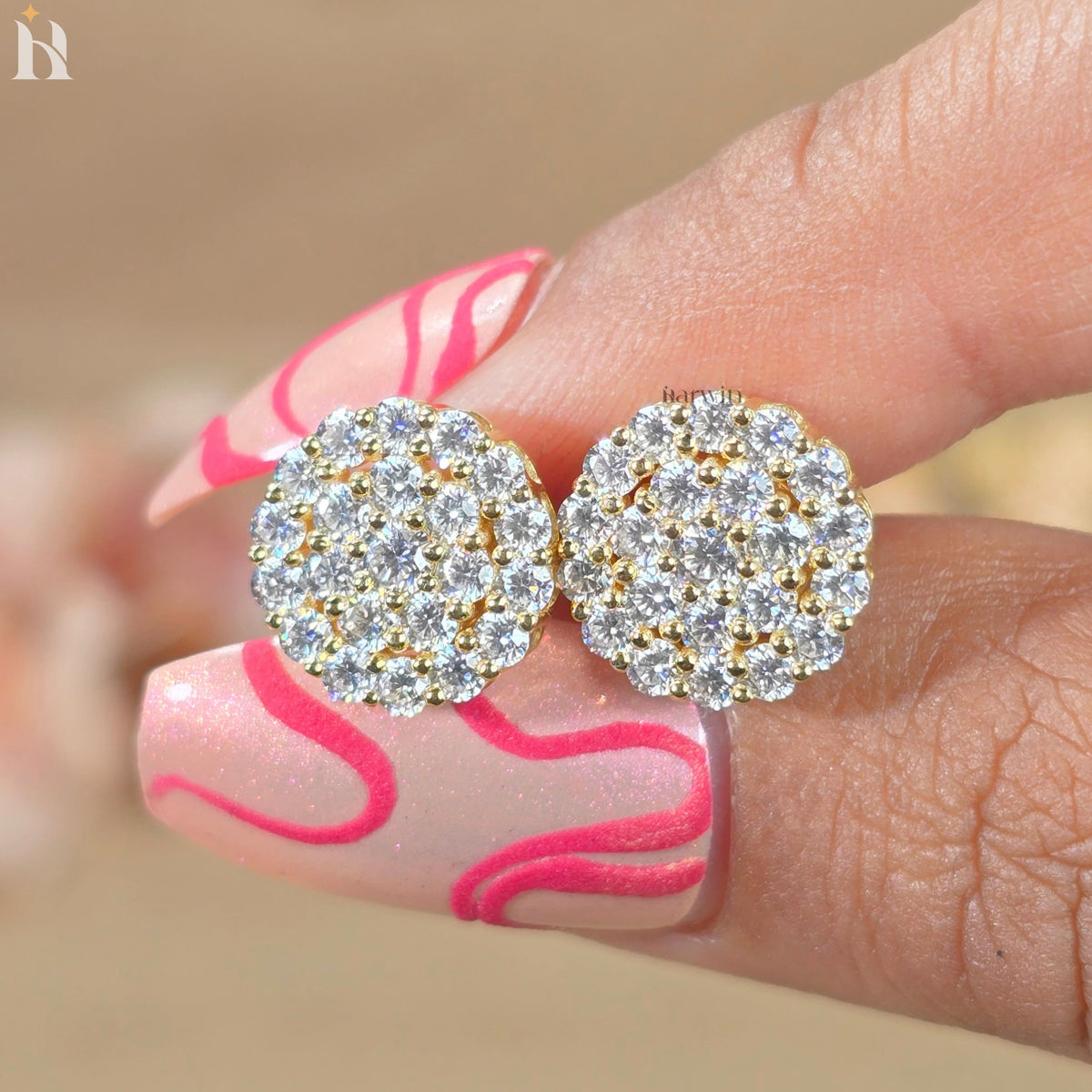 Round Cut Cluster Stud Earrings, Pave Floral Moissanite Studs, Gold Earrings