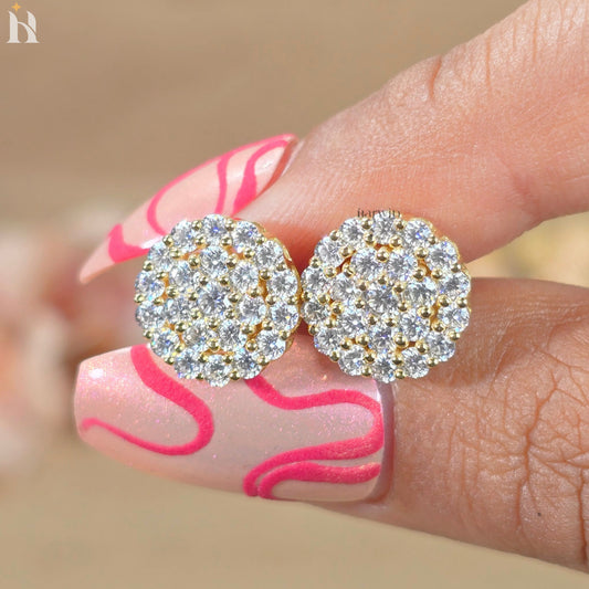 Round Cut Cluster Stud Earrings, Pave Floral Moissanite Studs, Gold Earrings