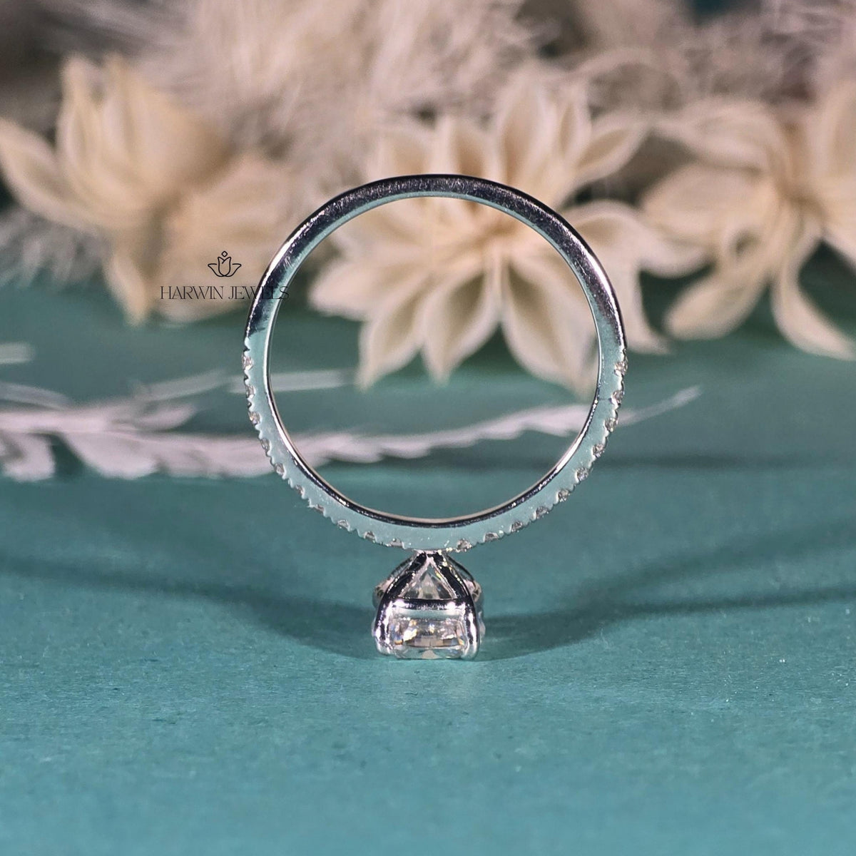 3 CT Cushion Cut Moissanite Engagement Ring, Half Pave Set And Hidden Halo Ring