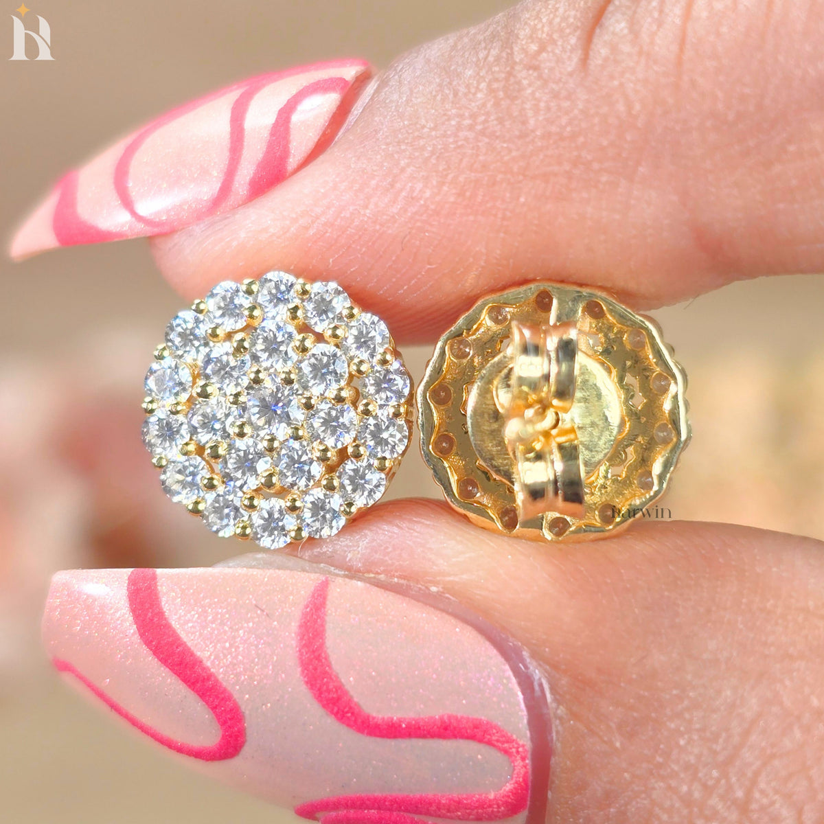 Round Cut Cluster Stud Earrings, Pave Floral Moissanite Studs, Gold Earrings