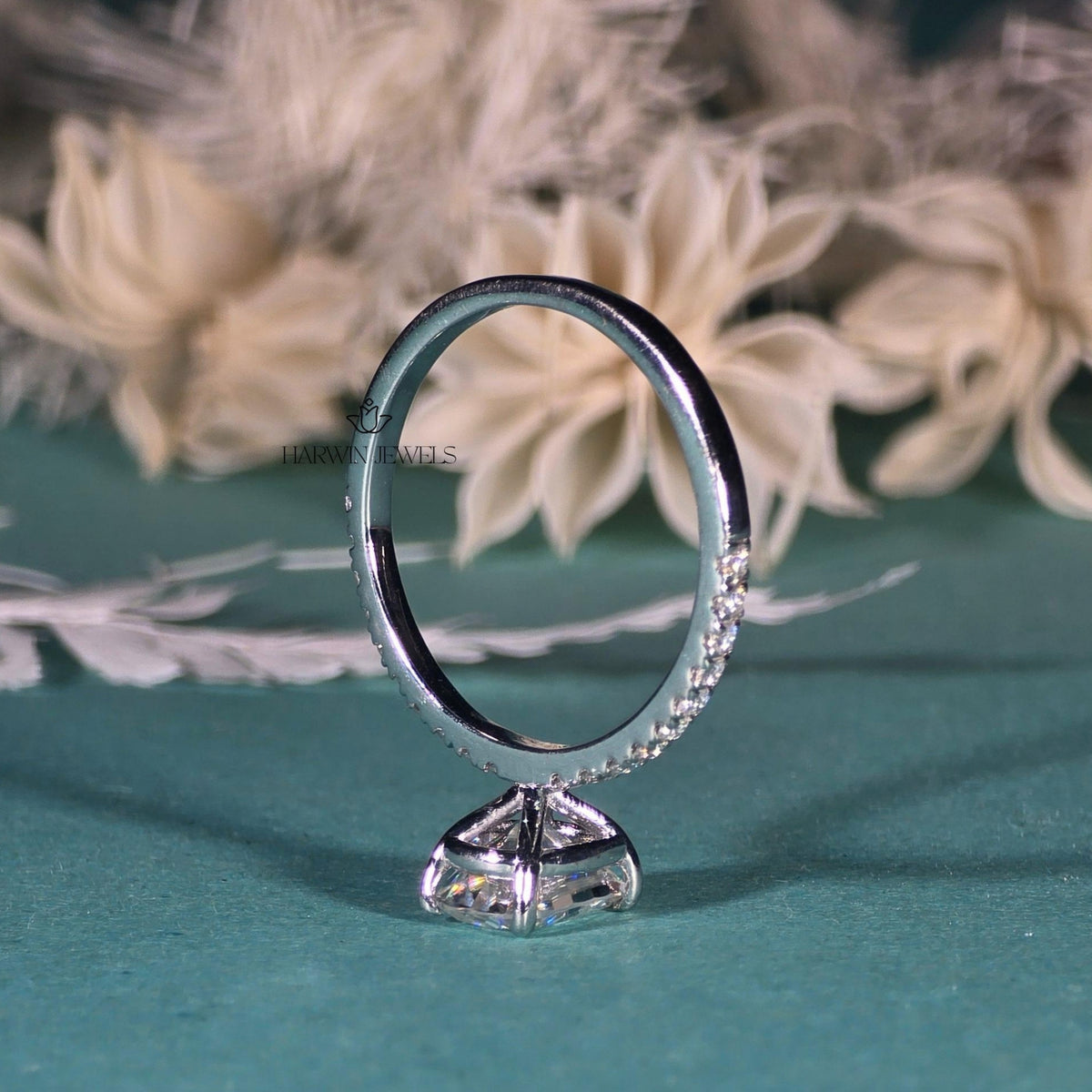 3 CT Cushion Cut Moissanite Engagement Ring, Half Pave Set And Hidden Halo Ring
