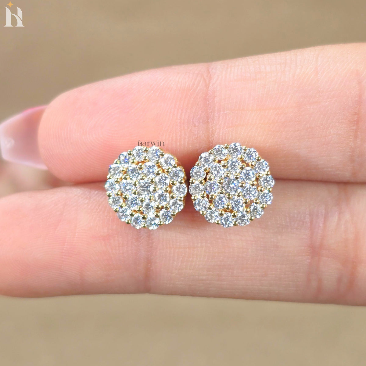 Round Cut Cluster Stud Earrings, Pave Floral Moissanite Studs, Gold Earrings