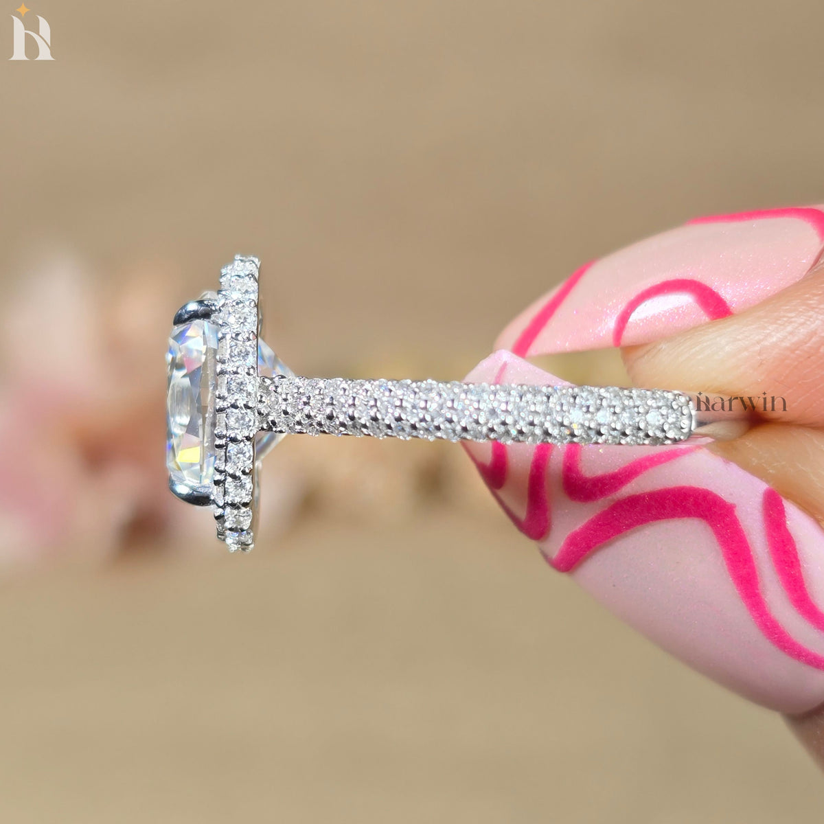 4CT Elongated Cushion Cut Lab Grown Diamond Ring, Full Halo & Half Pave Set Band
