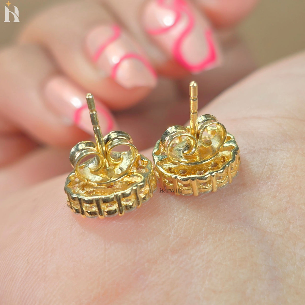 Round Cut Cluster Stud Earrings, Pave Floral Moissanite Studs, Gold Earrings