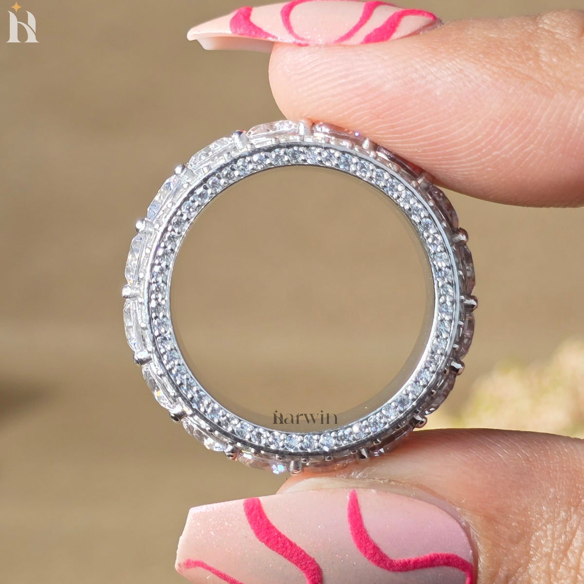 Round Cut Pave Eternity Band, Triple Row Diamond Ring, 4MM Moissanite Wedding Band