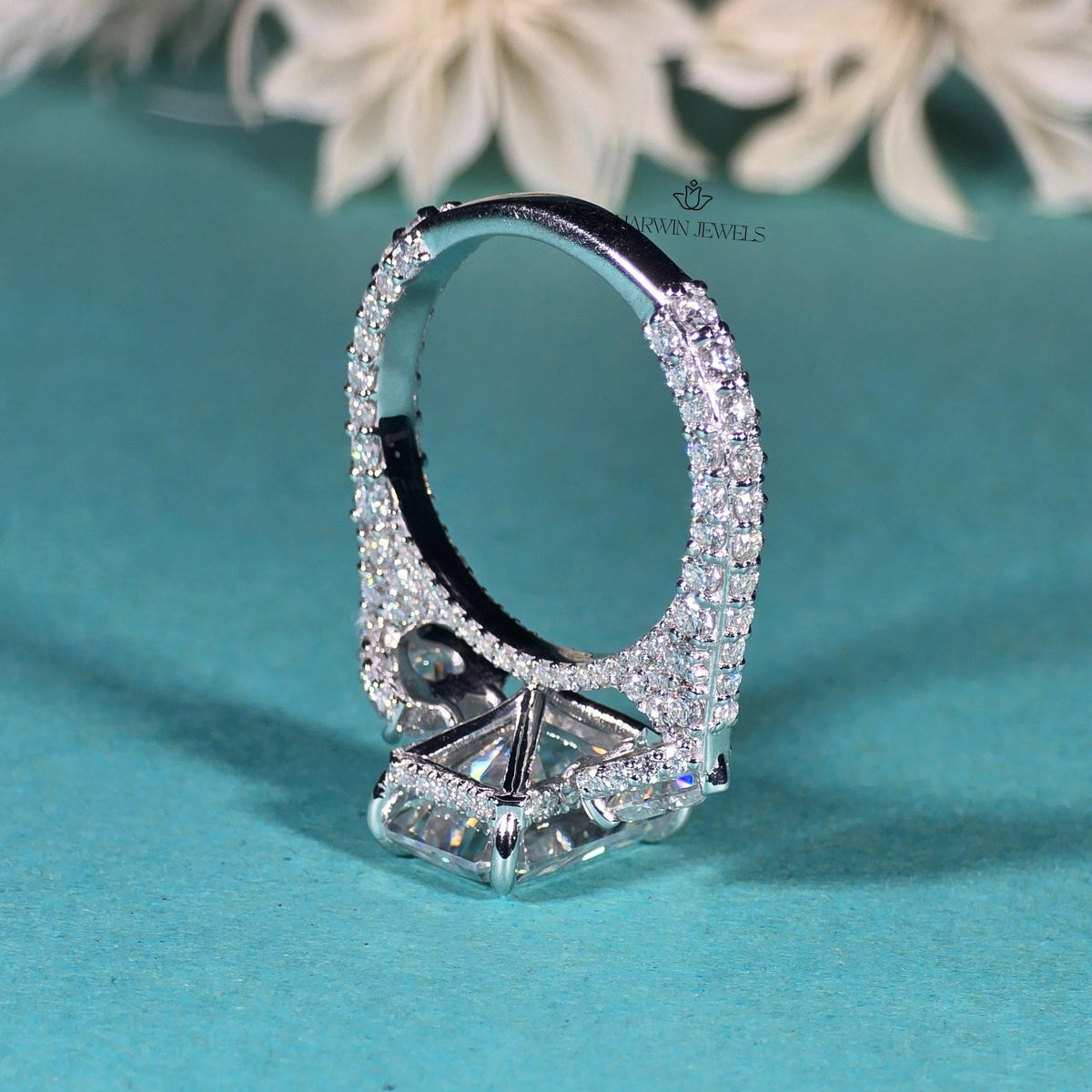 4.50 CT Radiant Cut Side Stone Heart Moissanite Three Stone Ring, Pave Setting Band