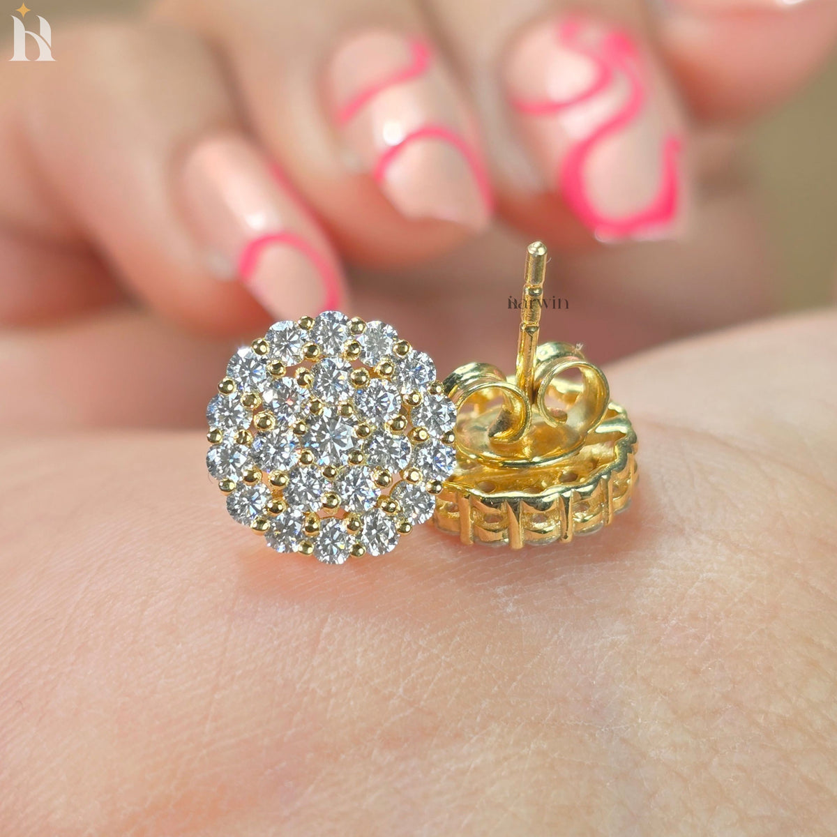 Round Cut Cluster Stud Earrings, Pave Floral Moissanite Studs, Gold Earrings