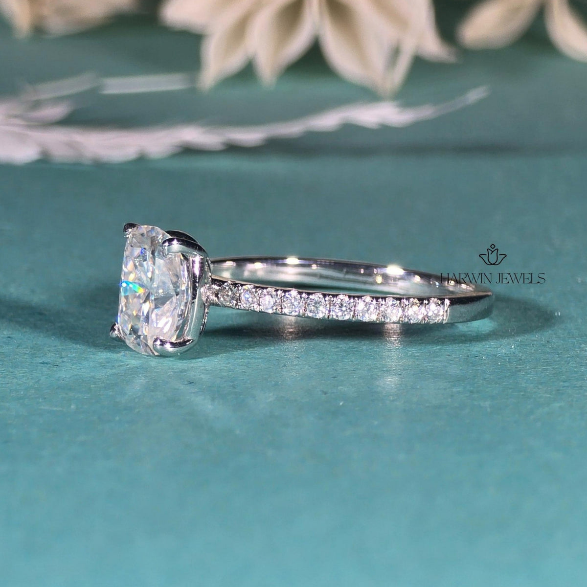 3 CT Cushion Cut Moissanite Engagement Ring, Half Pave Set And Hidden Halo Ring
