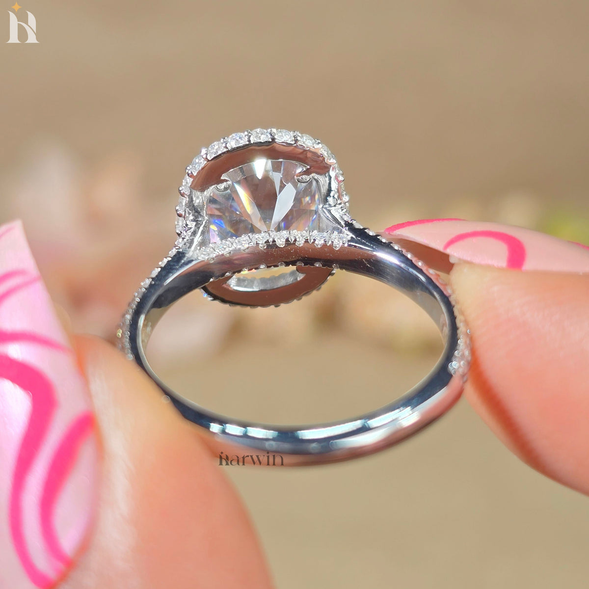 4CT Elongated Cushion Cut Lab Grown Diamond Ring, Full Halo & Half Pave Set Band