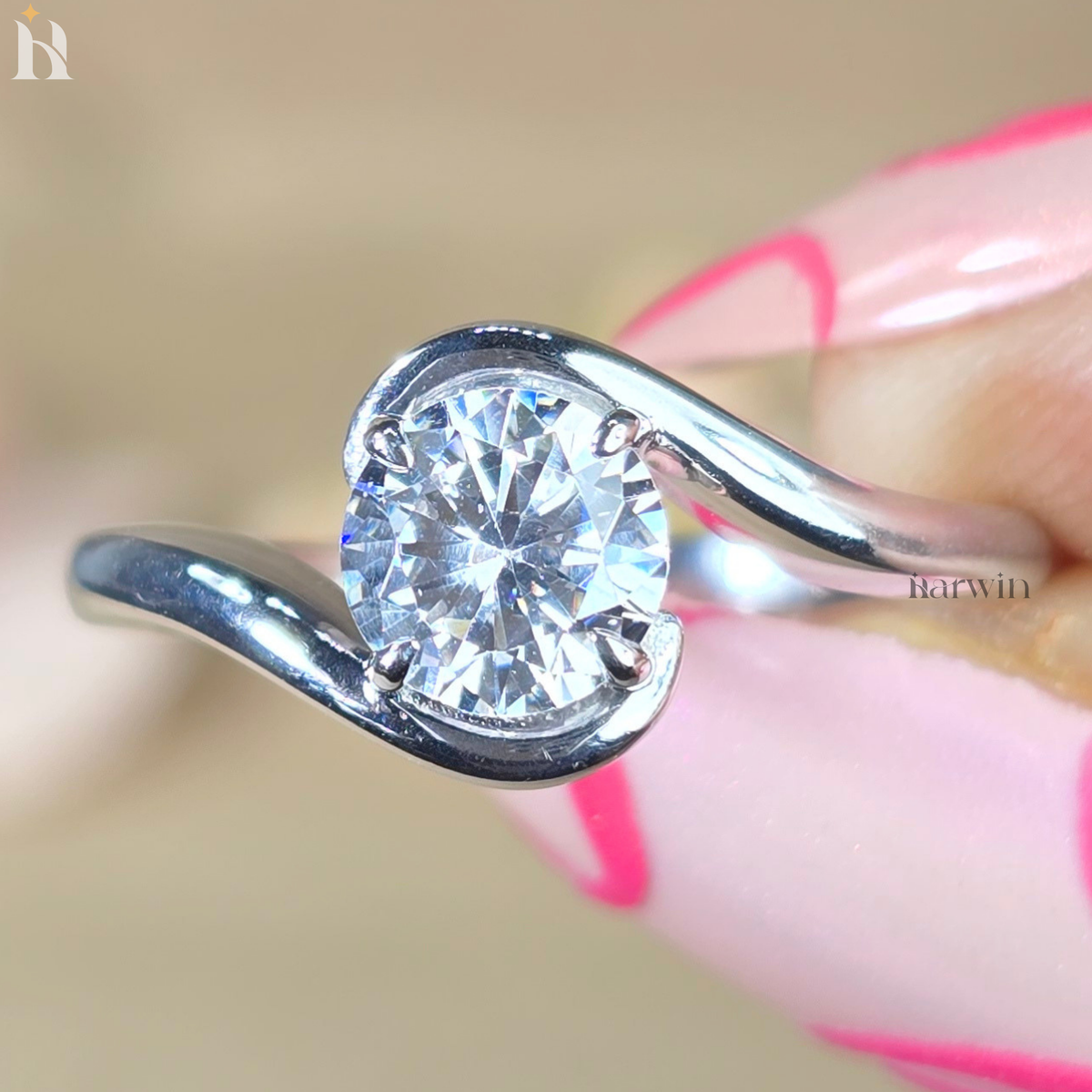 Round Cut Moissanite Solitaire Ring, Bypass Shank & Prong Set, Minimal Gold Ring